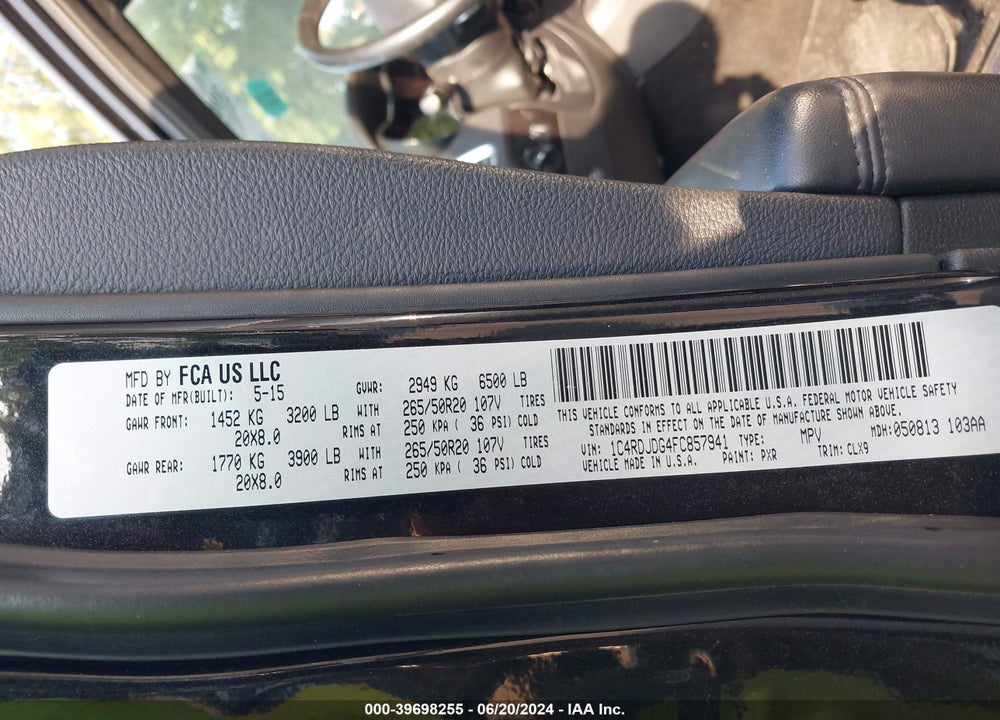 2015 DODGE DURANGO LIMITED VIN: 1C4RDJDG4FC857941
