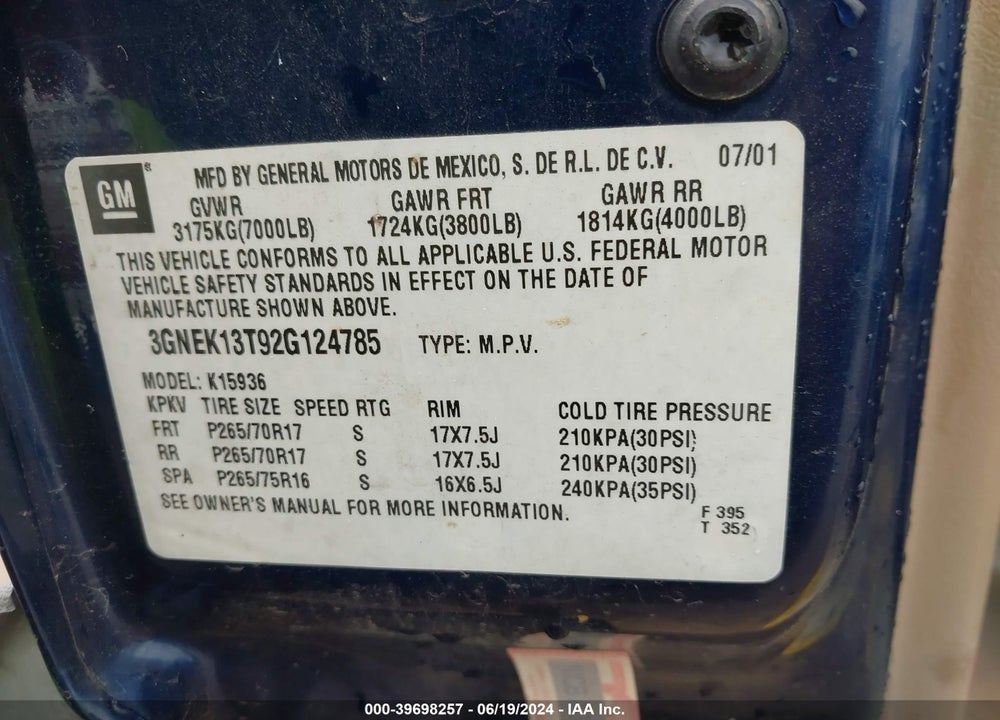 2002 CHEVROLET AVALANCHE 1500 VIN: 3GNEK13T92G124785