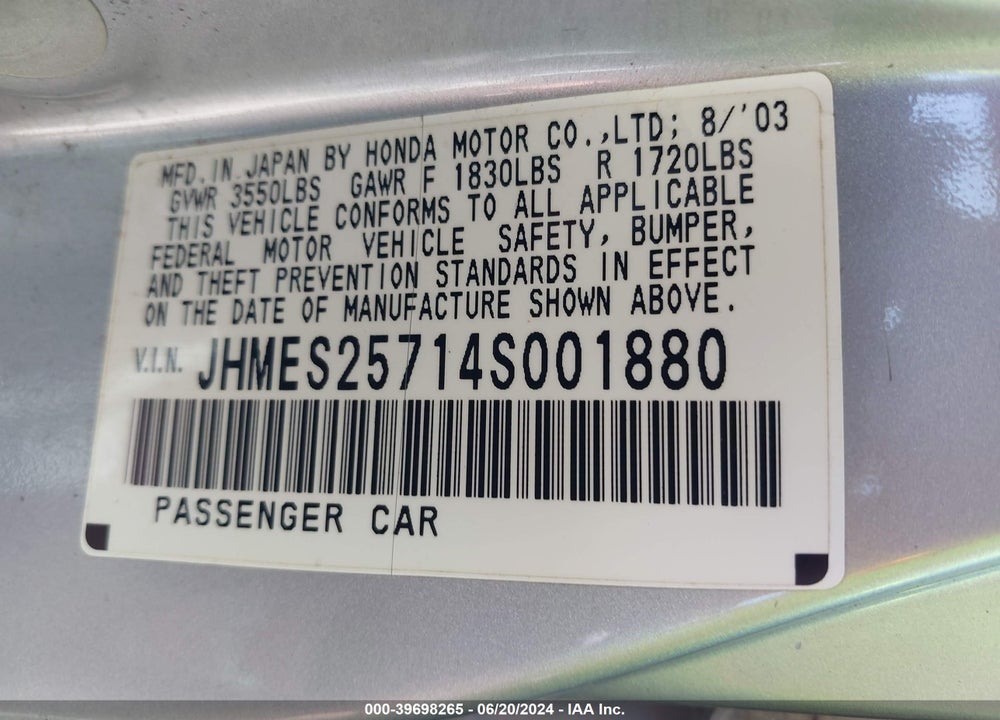 2004 HONDA CIVIC EX VIN: JHMES25714S001880