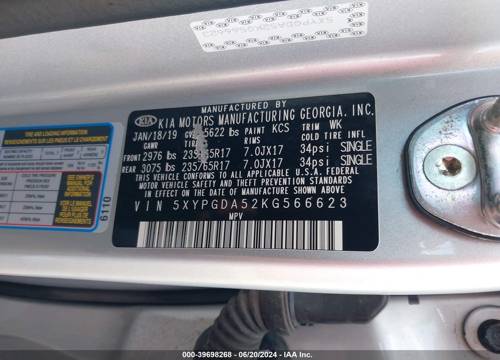 2019 KIA SORENTO 3.3L LX VIN: 5XYPGDA52KG566623