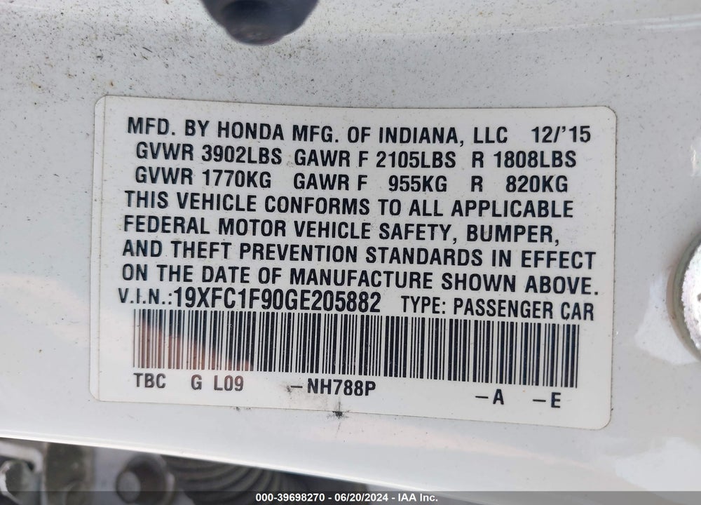 2016 HONDA CIVIC TOURING VIN: 19XFC1F90GE205882