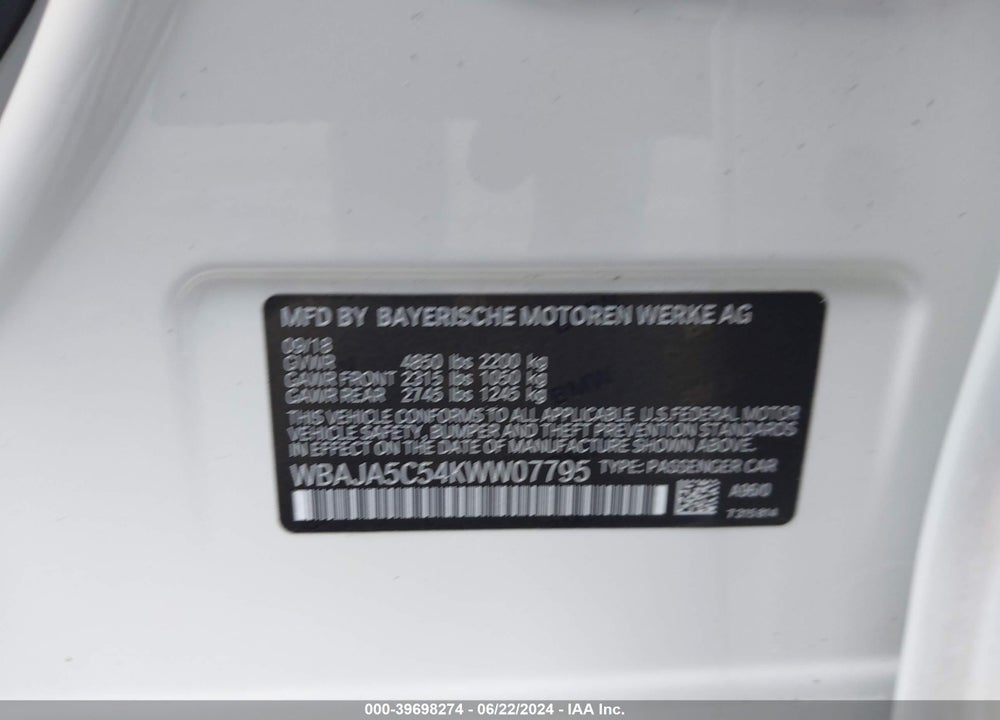 2019 BMW 530I VIN: WBAJA5C54KWW07795