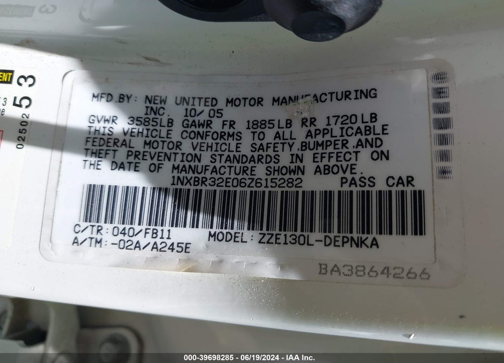 2006 TOYOTA COROLLA LE VIN: 1NXBR32E06Z615282