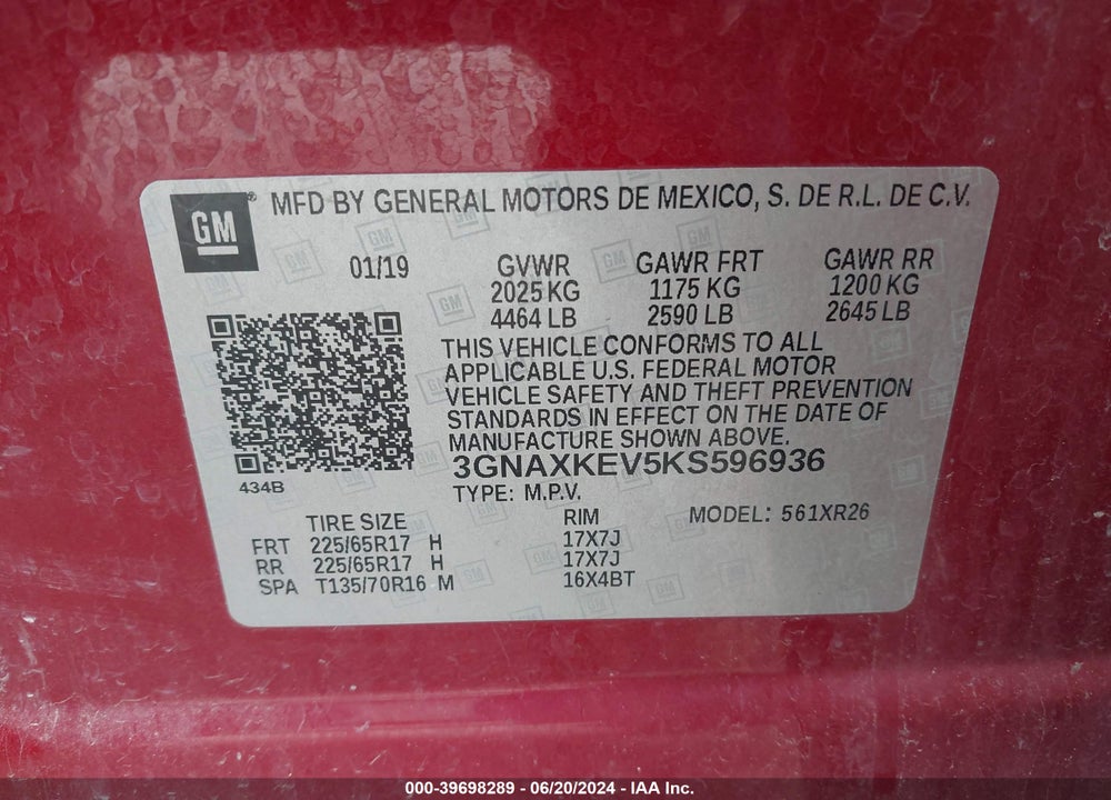 2019 CHEVROLET EQUINOX LT VIN: 3GNAXKEV5KS596936