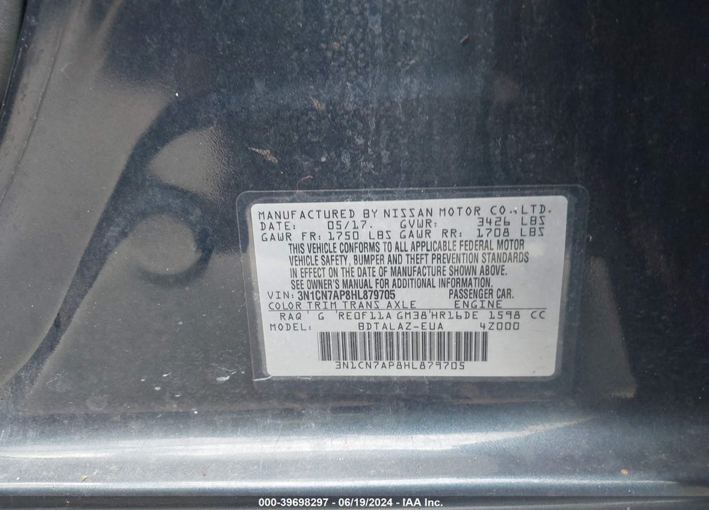 2017 NISSAN VERSA 1.6 S+ VIN: 3N1CN7AP8HL879705