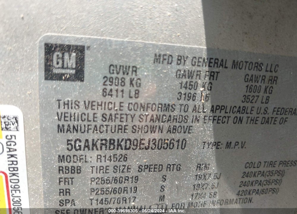 2014 BUICK ENCLAVE VIN: 5GAKRBKD9EJ305610