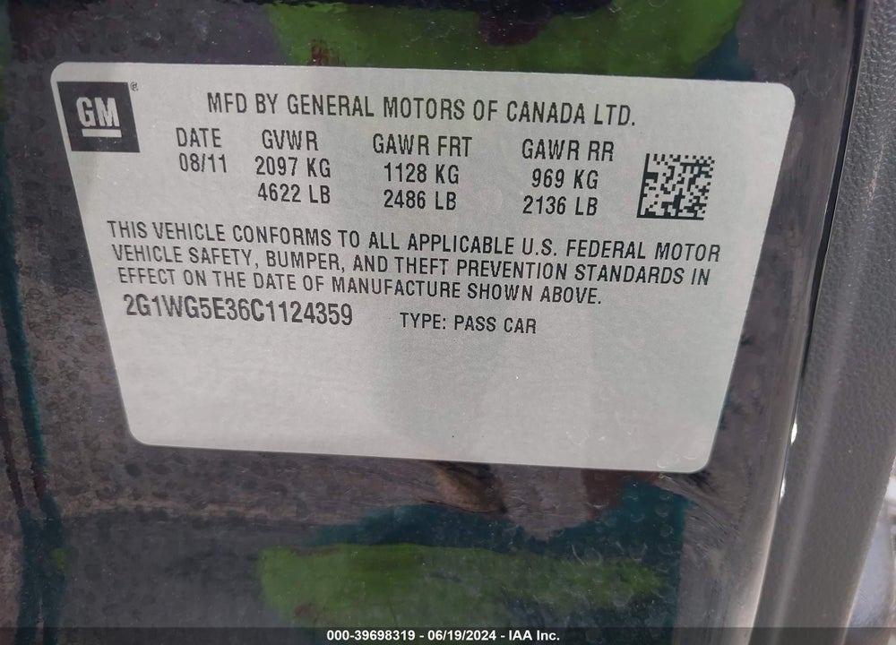 2012 CHEVROLET IMPALA LT VIN: 2G1WG5E36C1124359