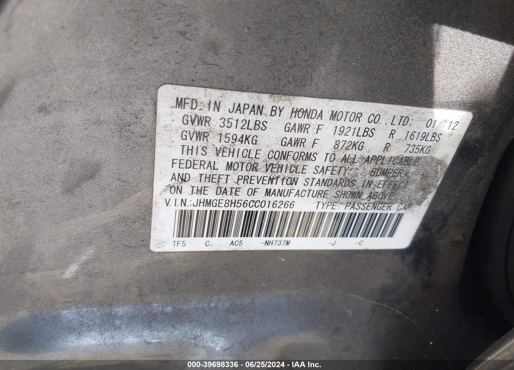 2012 HONDA FIT SPORT VIN: JHMGE8H56CC016266