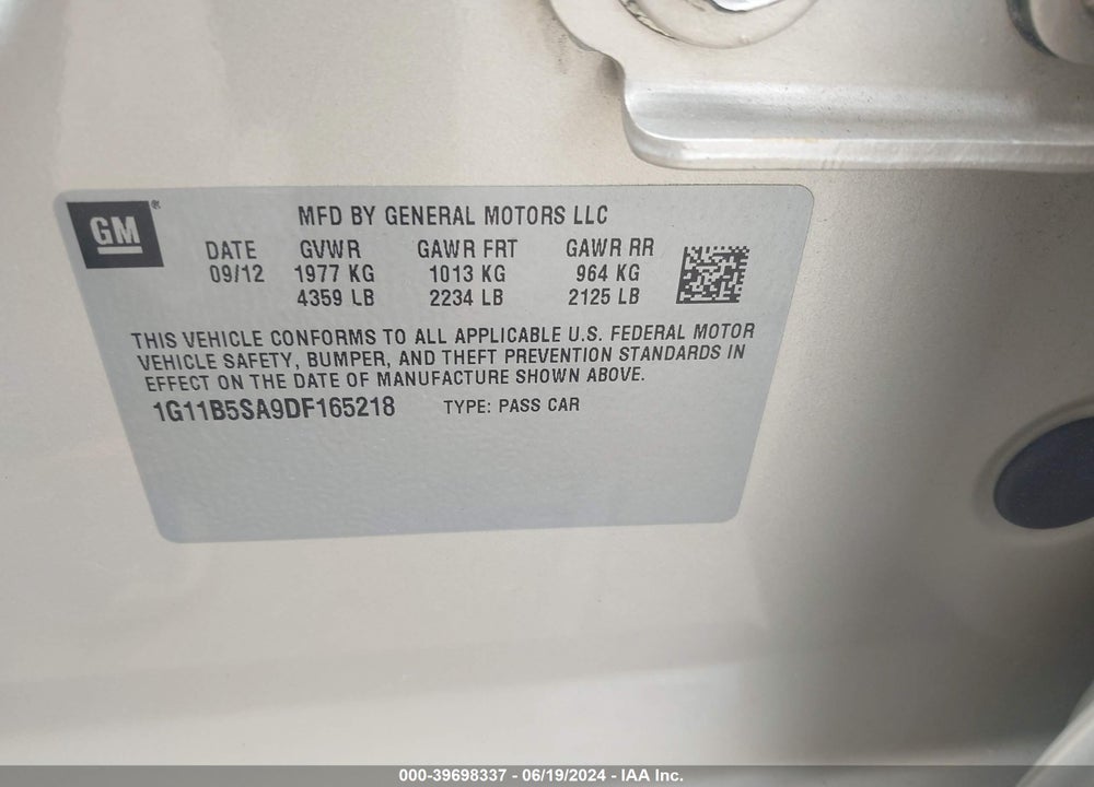 2013 CHEVROLET MALIBU 1LS VIN: 1G11B5SA9DF165218