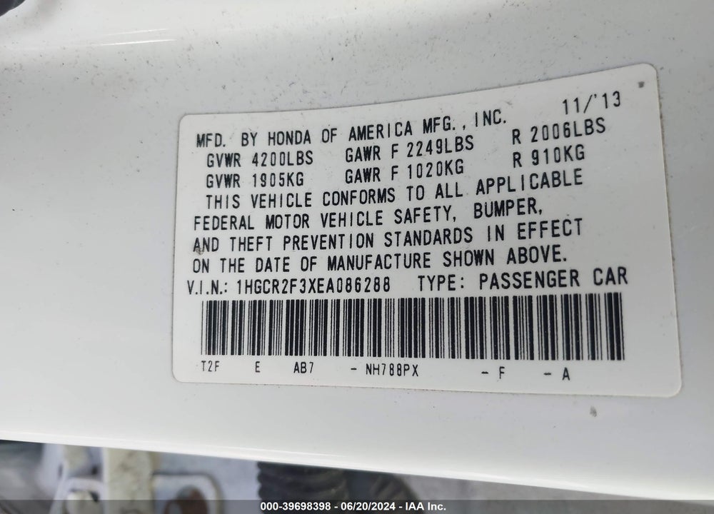 2014 HONDA ACCORD LX VIN: 1HGCR2F3XEA086288