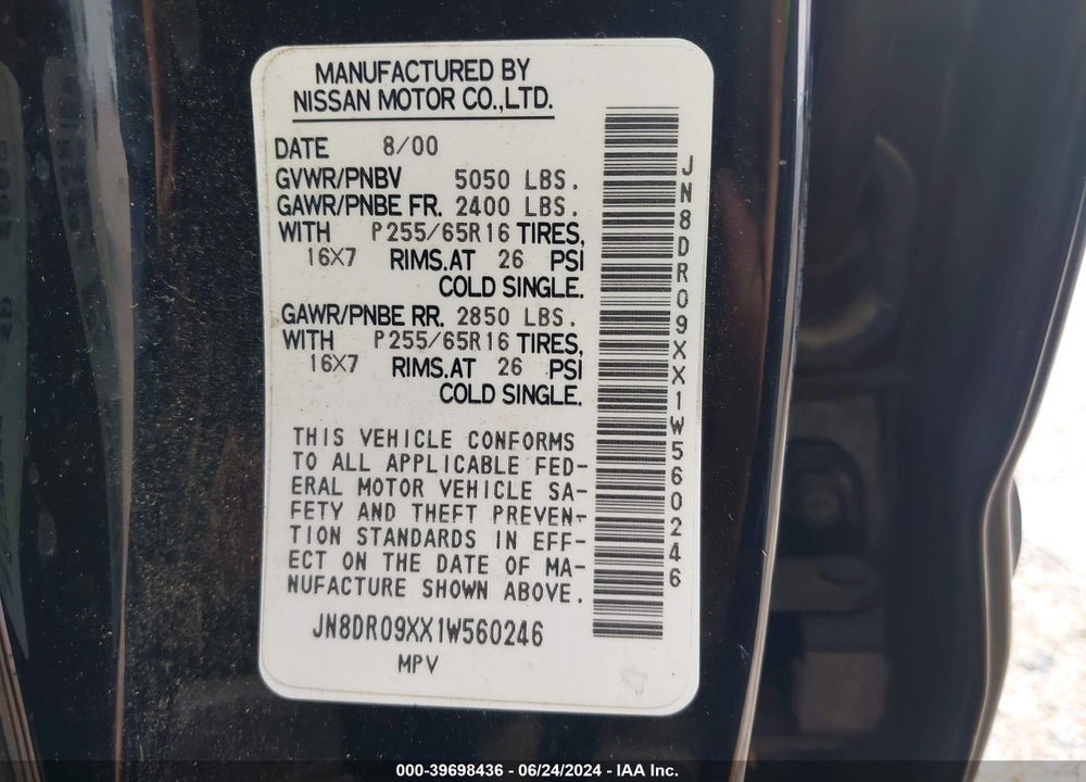 2001 NISSAN PATHFINDER LE VIN: JN8DR09XX1W560246