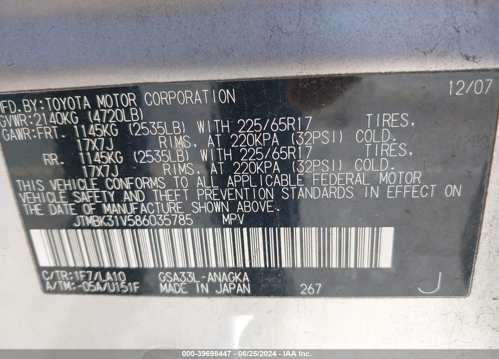 2008 TOYOTA RAV4 VIN: JTMBK31V586035785