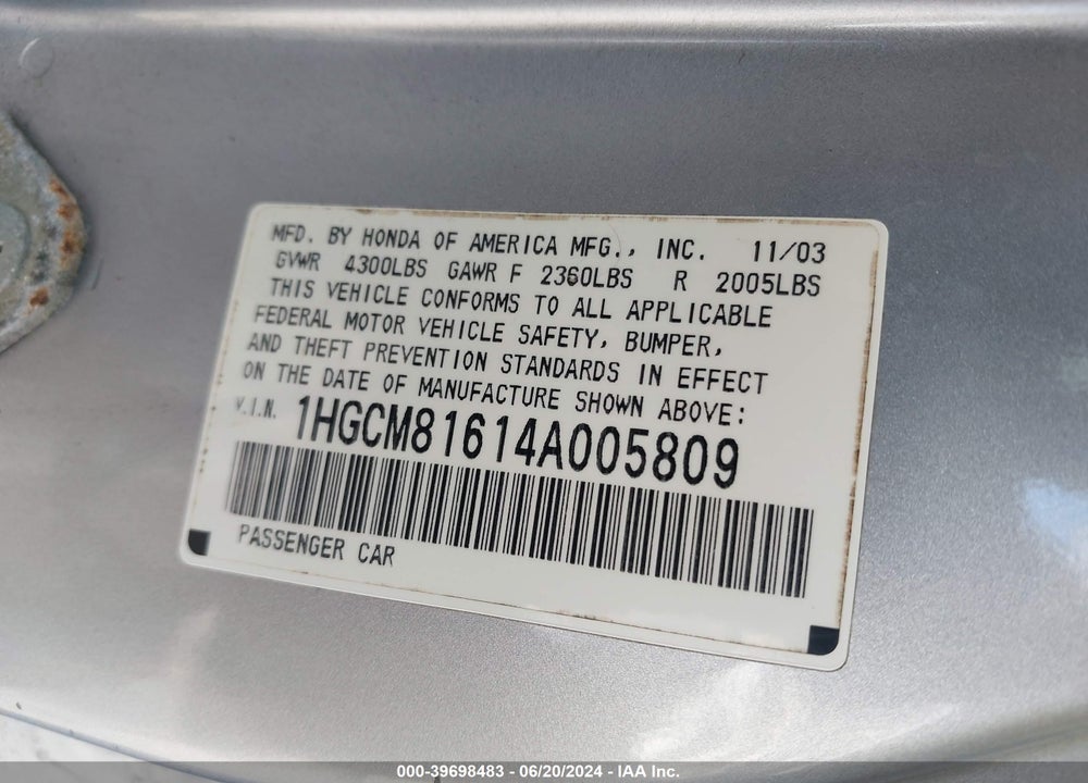 2004 HONDA ACCORD 3.0 EX VIN: 1HGCM81614A005809