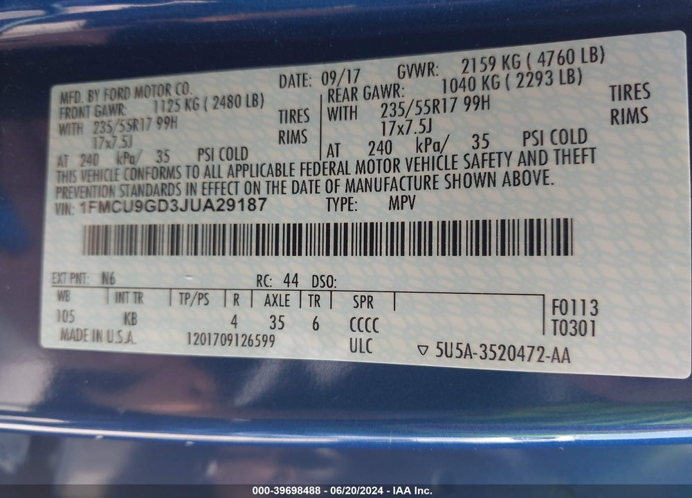 2018 FORD ESCAPE SE VIN: 1FMCU9GD3JUA29187
