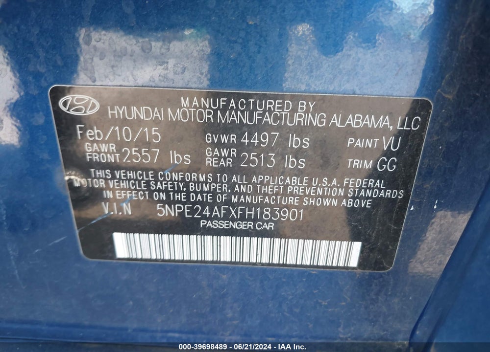 2015 HYUNDAI SONATA SE VIN: 5NPE24AFXFH183901