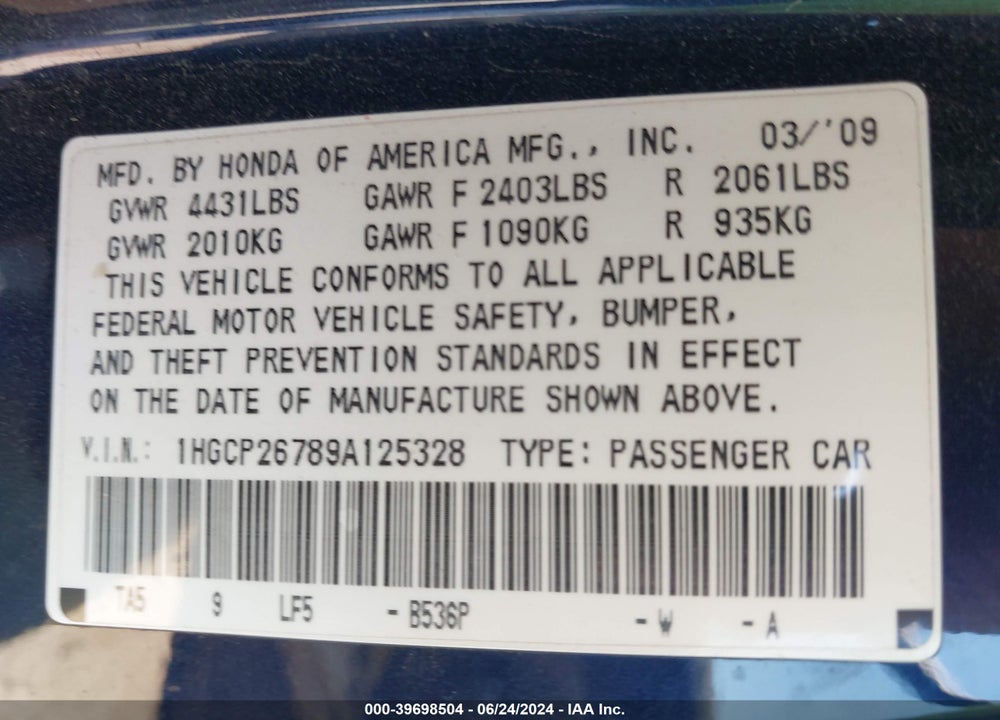 2009 HONDA ACCORD 2.4 EX VIN: 1HGCP26789A125328