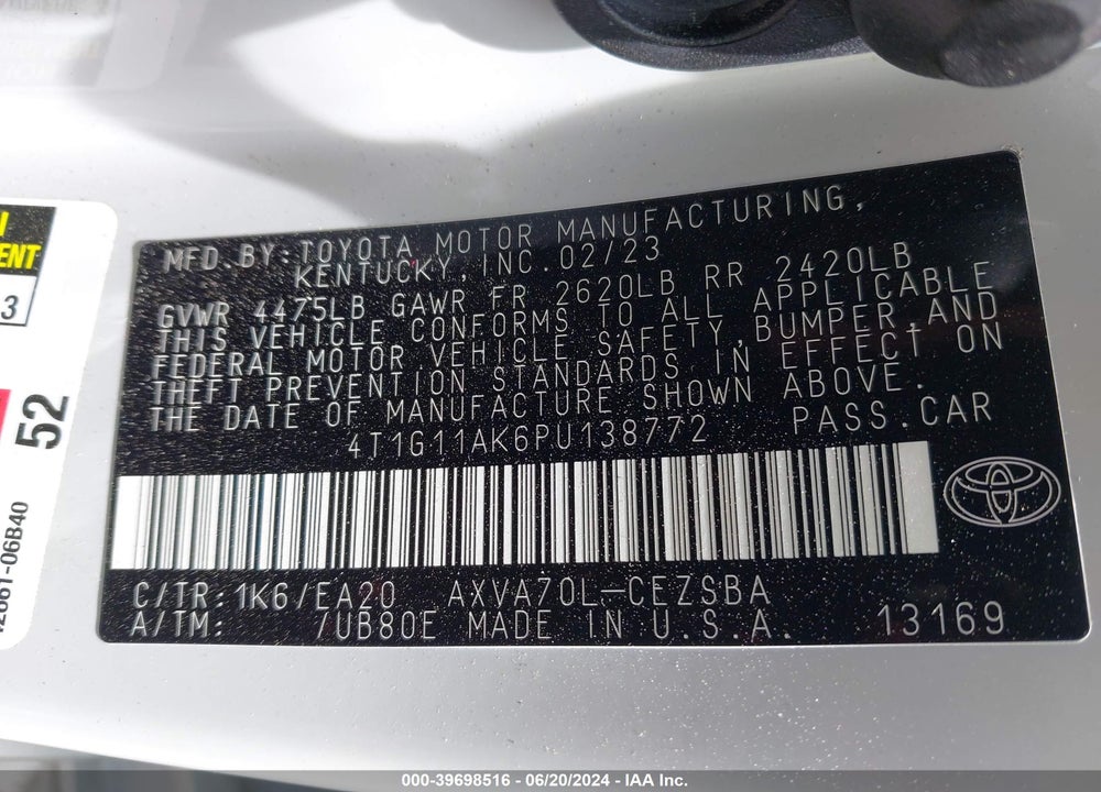 2023 TOYOTA CAMRY SE VIN: 4T1G11AK6PU138772
