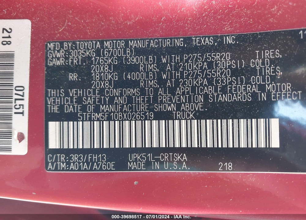 2011 TOYOTA TUNDRA GRADE 4.6L V8 VIN: 5TFRM5F10BX026519