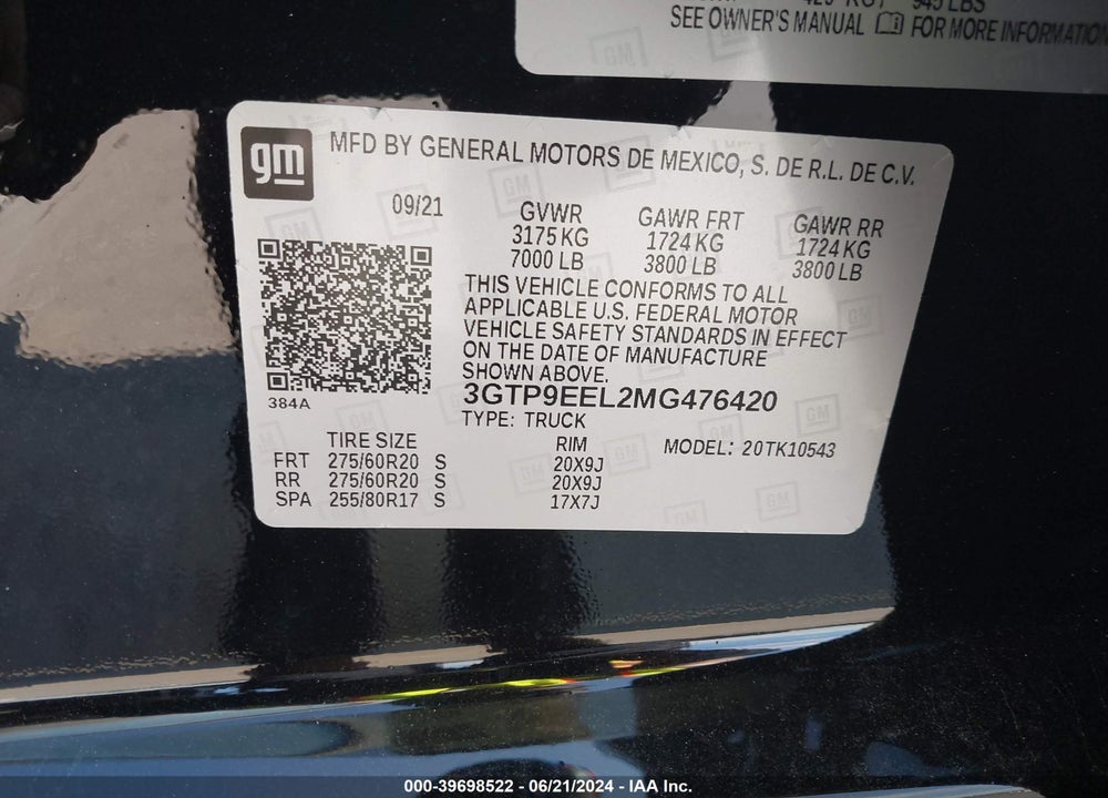 2021 GMC SIERRA 1500 4WD SHORT BOX AT4 VIN: 3GTP9EEL2MG476420