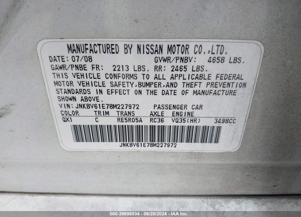 2008 INFINITI G35 VIN: JNKBV61E78M227972