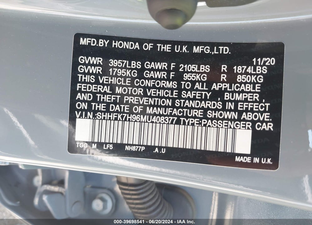 2021 HONDA CIVIC SPORT TOURING VIN: SHHFK7H96MU408377