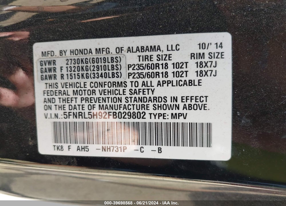 2015 HONDA ODYSSEY TOURING/TOURING ELITE VIN: 5FNRL5H92FB029802