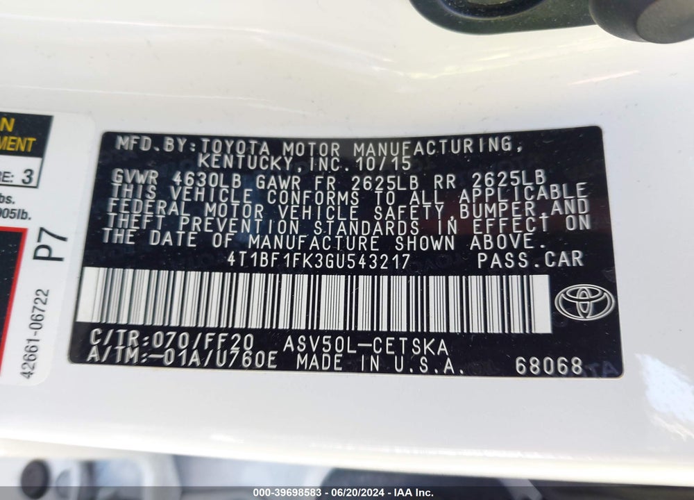 2016 TOYOTA CAMRY SE VIN: 4T1BF1FK3GU543217
