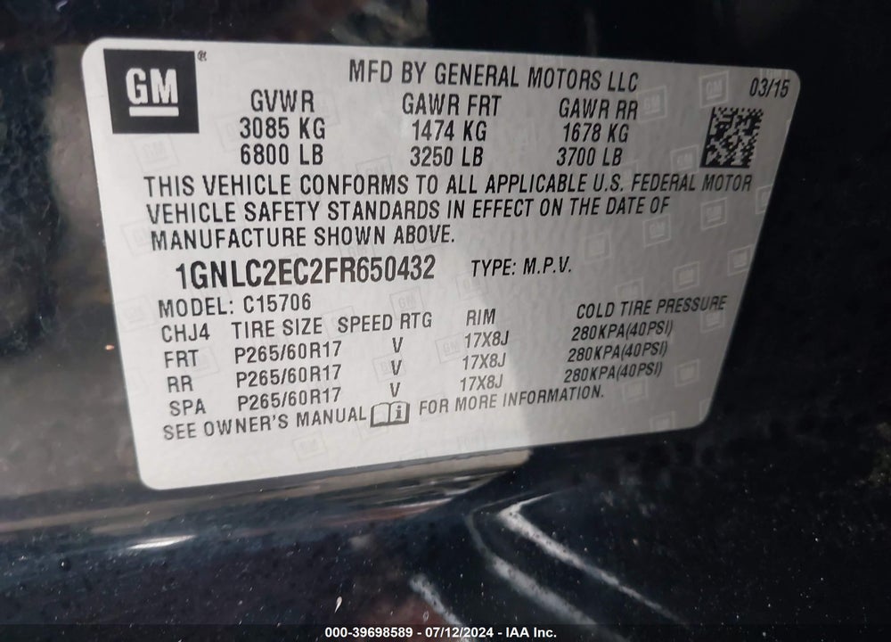 2015 CHEVROLET TAHOE COMMERCIAL FLEET VIN: 1GNLC2EC2FR650432