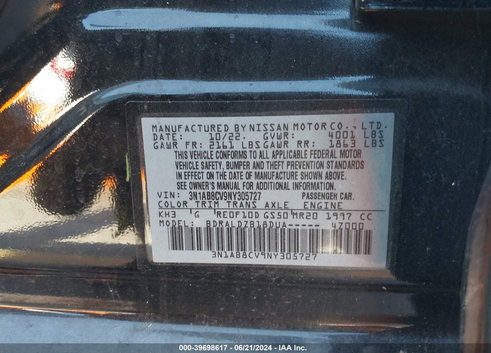 2022 NISSAN SENTRA SV XTRONIC CVT VIN: 3N1AB8CV9NY305727