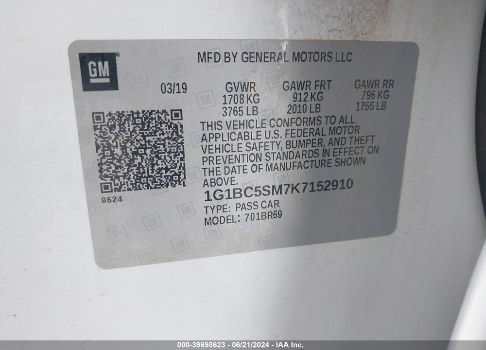 2019 CHEVROLET CRUZE LS VIN: 1G1BC5SM7K7152910