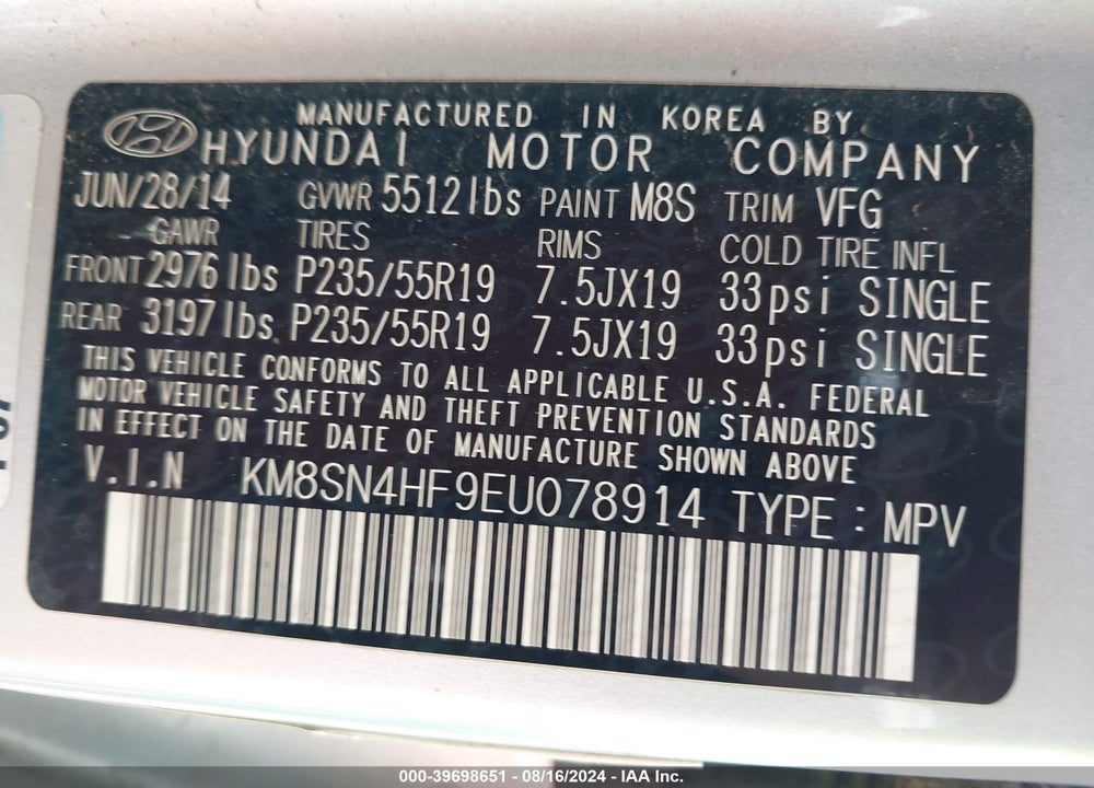 2014 HYUNDAI SANTA FE LIMITED VIN: KM8SN4HF9EU078914