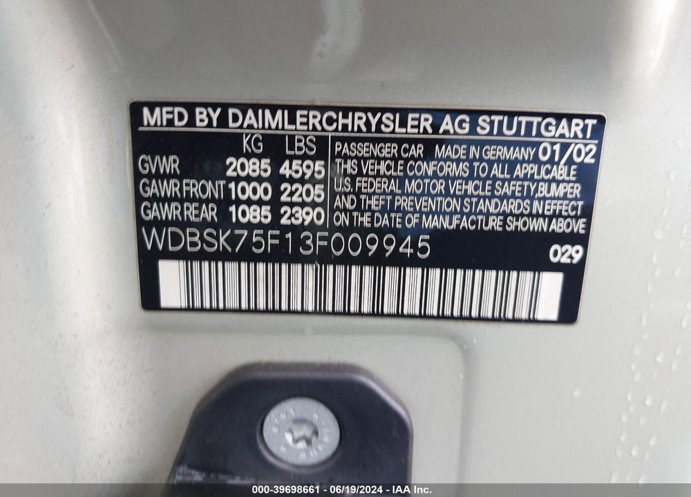 2003 MERCEDES-BENZ SL 500 VIN: WDBSK75F13F009945