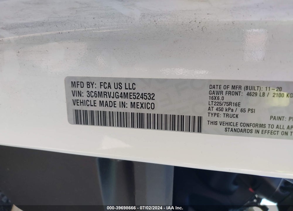 2021 RAM PROMASTER 3500 CARGO VAN HIGH ROOF 159 WB EXT VIN: 3C6MRVJG4ME524532