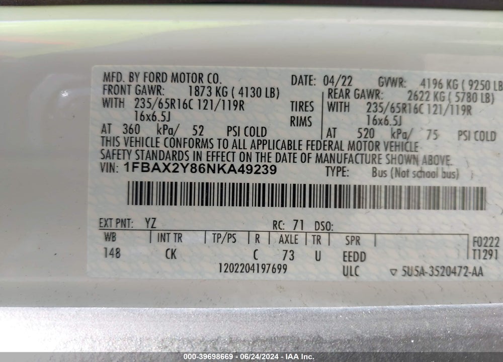 2022 FORD TRANSIT-350 PASSENGER VAN XLT VIN: 1FBAX2Y86NKA49239