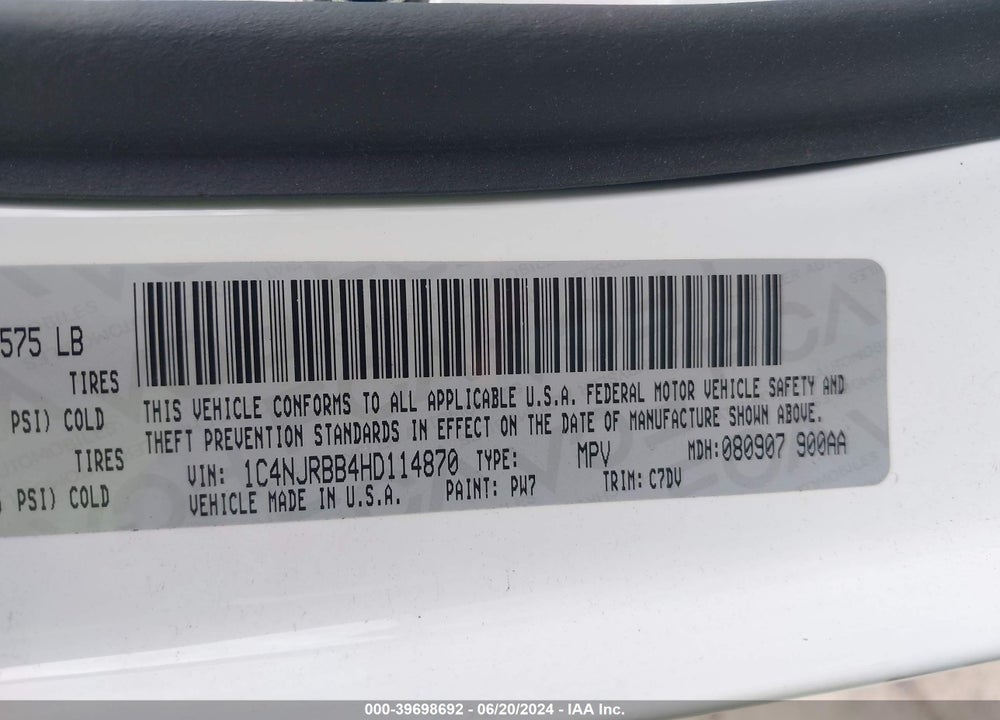 2017 JEEP PATRIOT SPORT 4X4 VIN: 1C4NJRBB4HD114870
