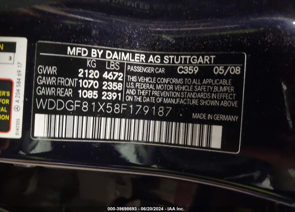 2008 MERCEDES-BENZ C 300 LUXURY 4MATIC/SPORT 4MATIC VIN: WDDGF81X58F179187