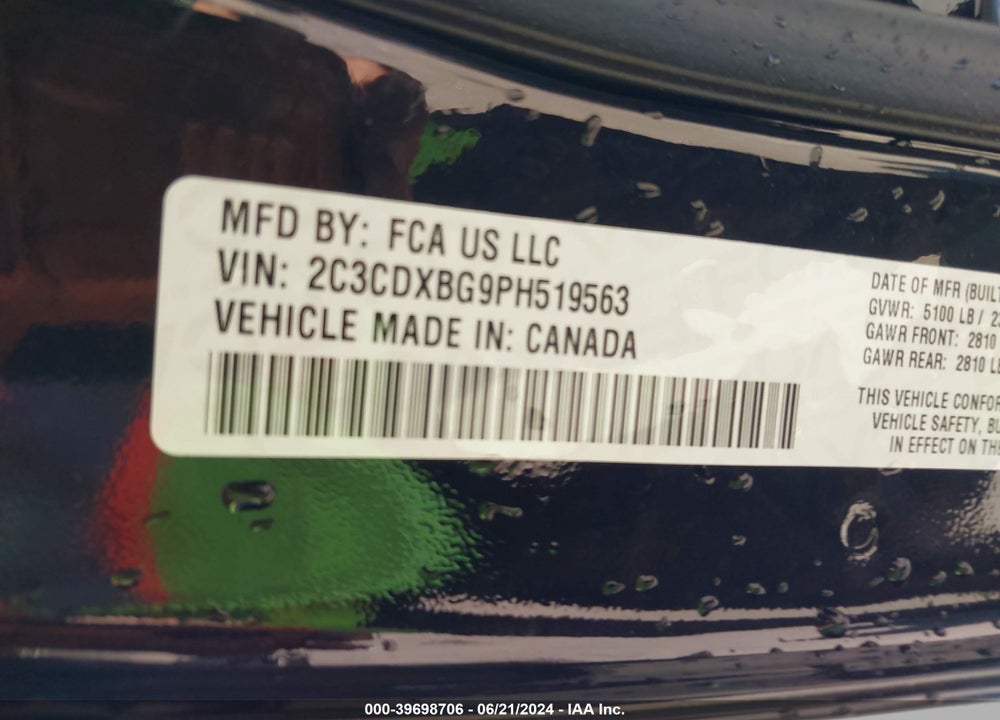 2023 DODGE CHARGER SXT VIN: 2C3CDXBG9PH519563