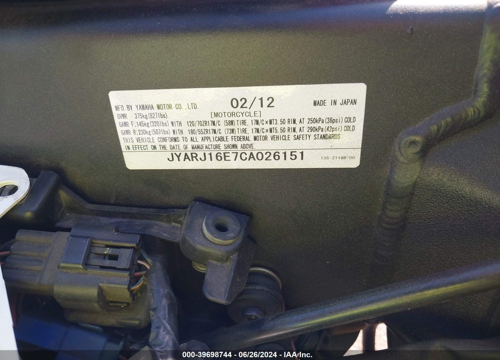 2012 YAMAHA YZFR6 VIN: JYARJ16E7CA026151