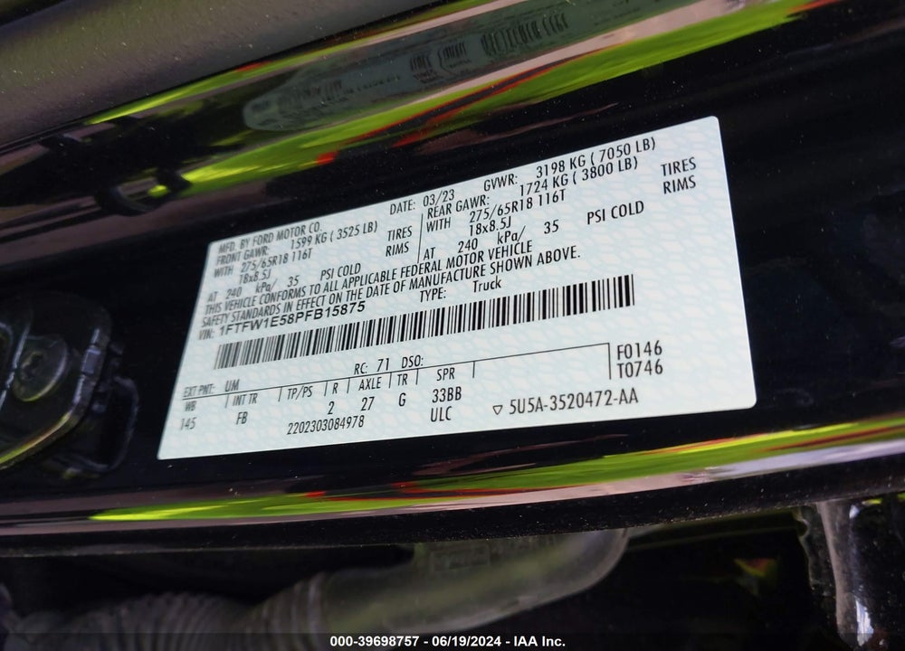 2023 FORD F-150 XLT VIN: 1FTFW1E58PFB15875