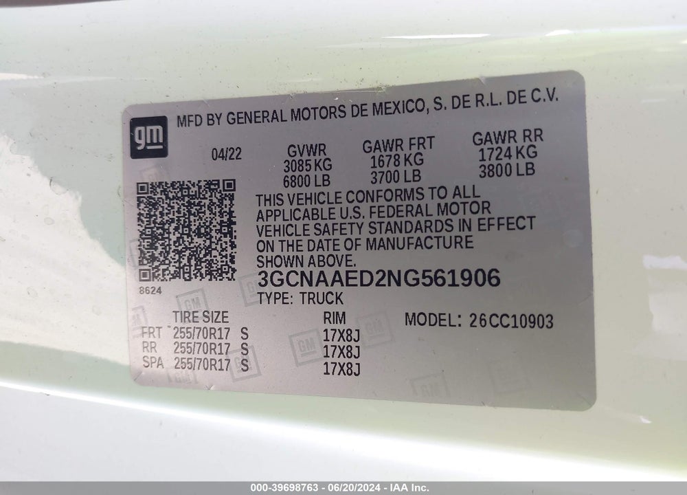 2022 CHEVROLET SILVERADO 1500 2WD REGULAR CAB LONG BED WT VIN: 3GCNAAED2NG561906