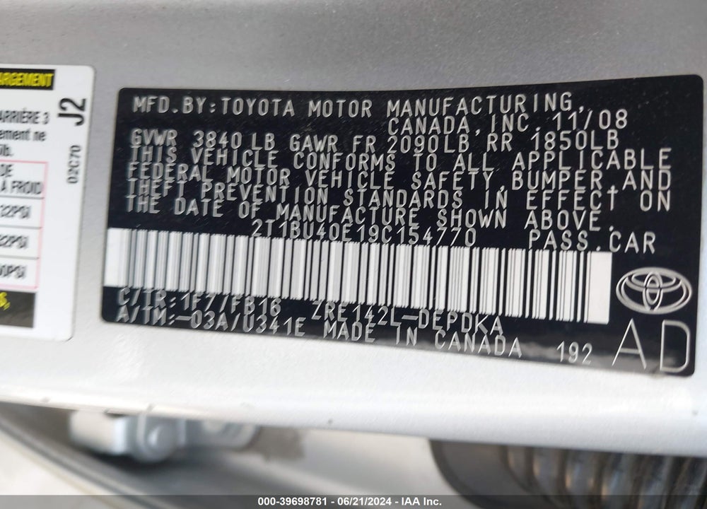 2009 TOYOTA COROLLA LE VIN: 2T1BU40E19C154770