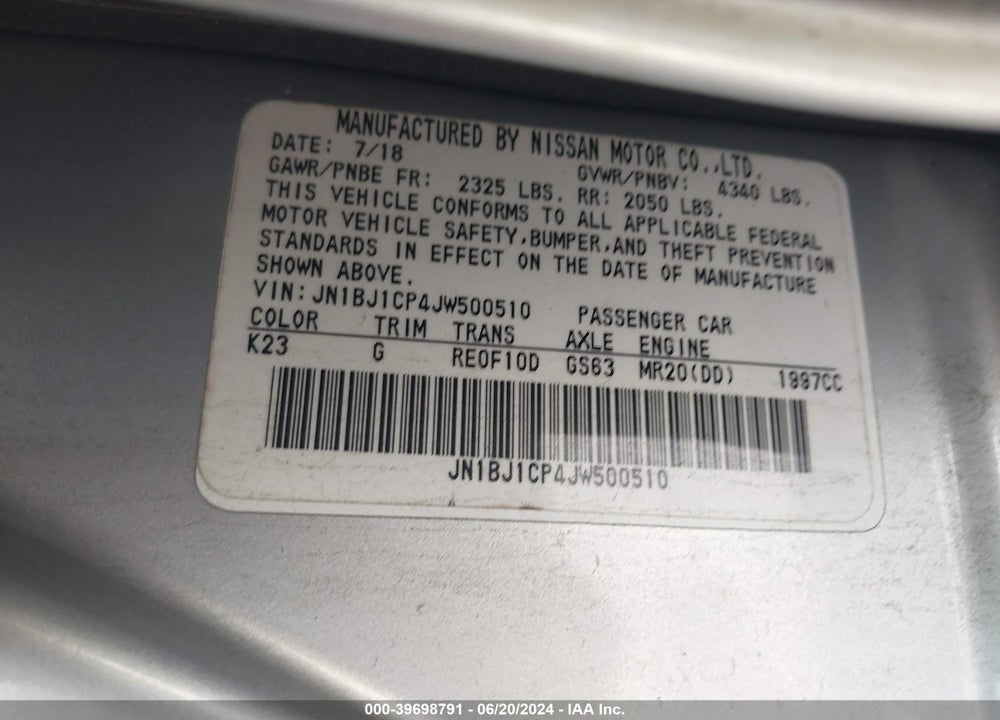 2018 NISSAN ROGUE SPORT S VIN: JN1BJ1CP4JW500510