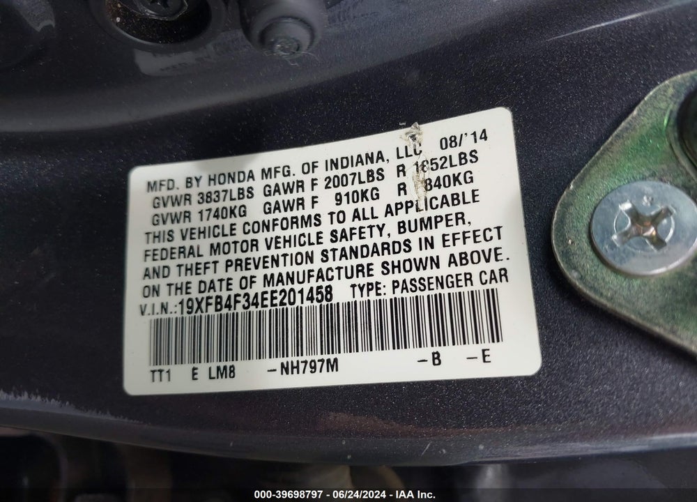 2014 HONDA CIVIC HYBRID VIN: 19XFB4F34EE201458