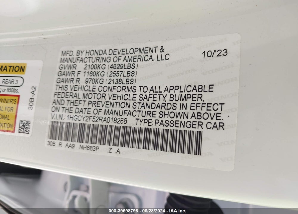 2024 HONDA ACCORD HYBRID SPORT VIN: 1HGCY2F52RA018268