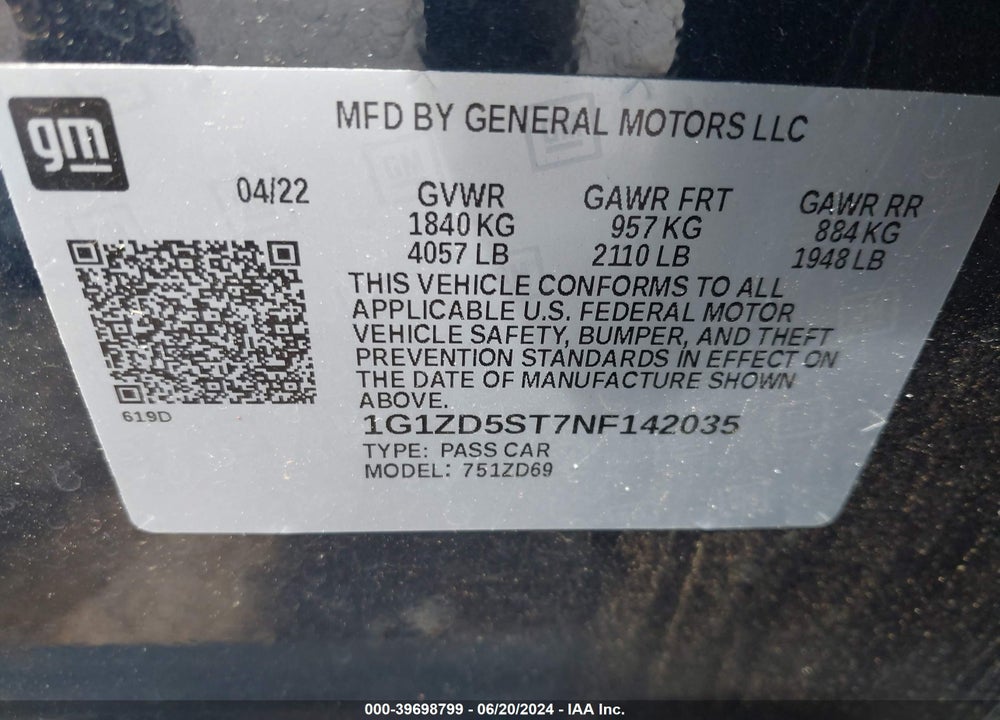 2022 CHEVROLET MALIBU FWD LT VIN: 1G1ZD5ST7NF142035