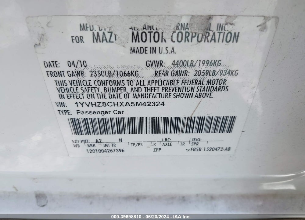2010 MAZDA 6 I TOURING VIN: 1YVHZ8CHXA5M42324