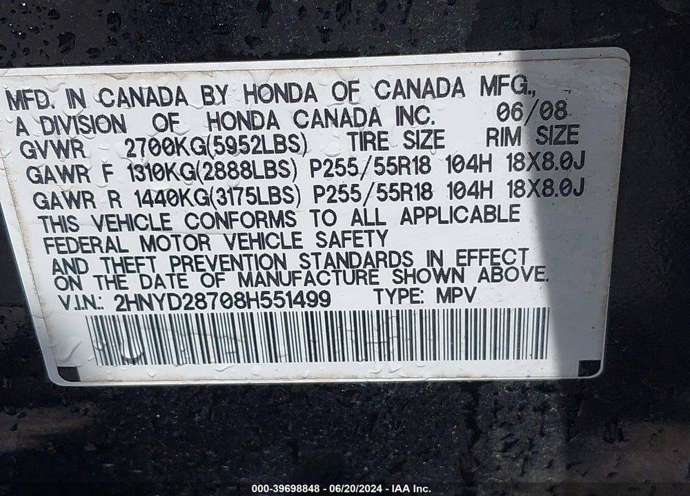 2008 ACURA MDX SPORT PACKAGE VIN: 2HNYD28708H551499