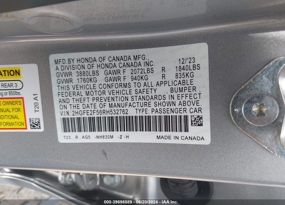 2024 HONDA CIVIC SPORT VIN: 2HGFE2F56RH532762