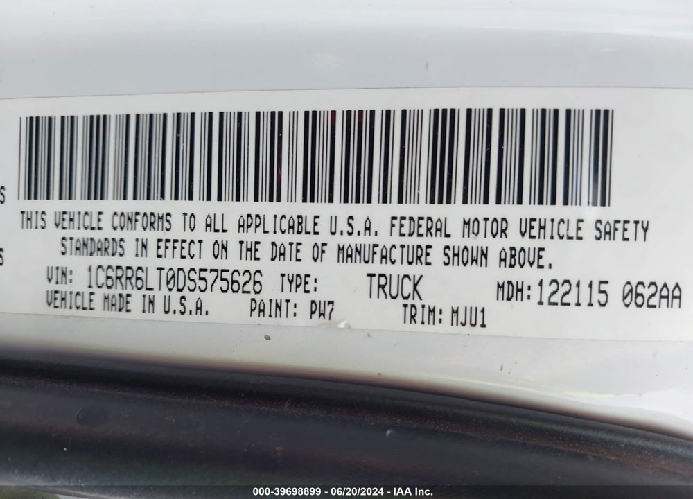 2013 RAM 1500 LONE STAR VIN: 1C6RR6LT0DS575626