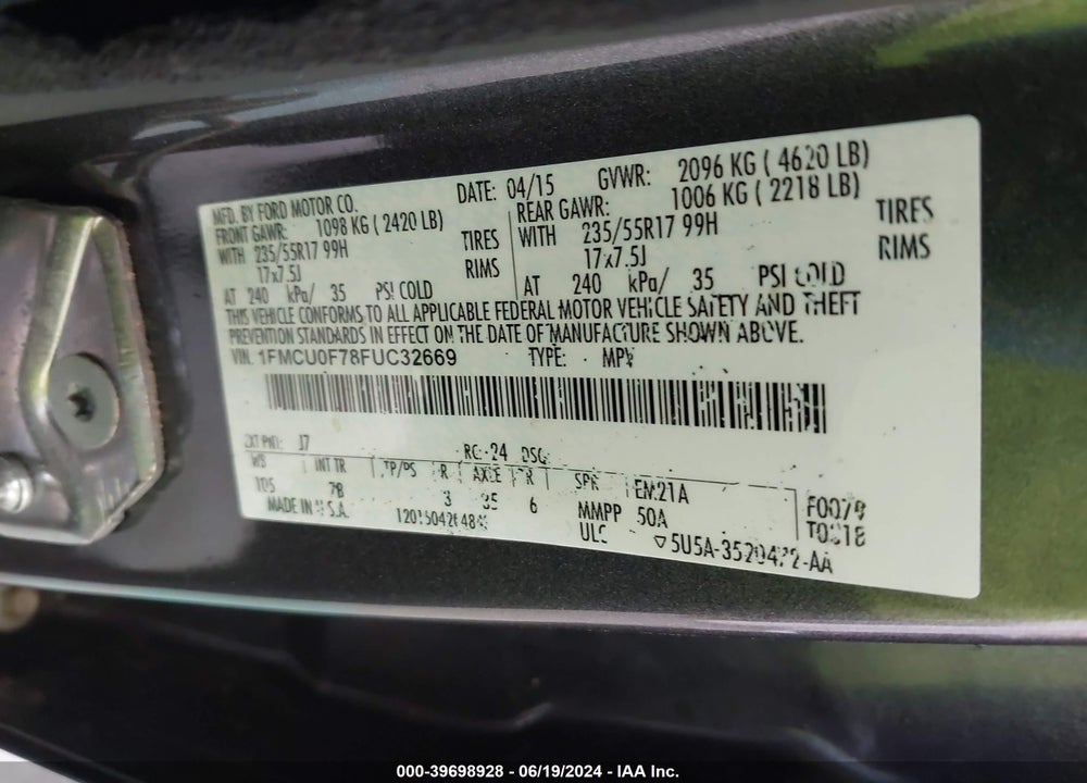2015 FORD ESCAPE S VIN: 1FMCU0F78FUC32669